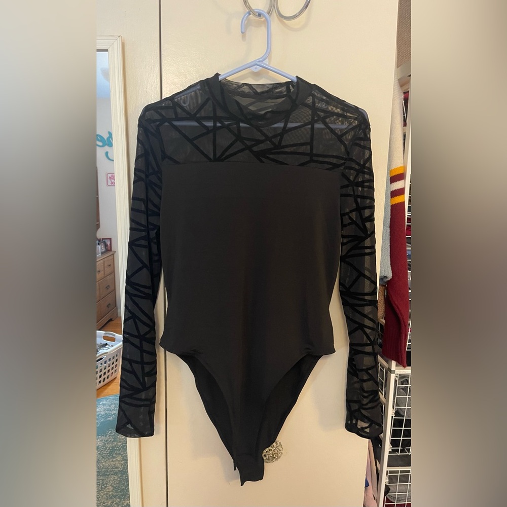 SHEIN mock neck geo mesh trim bodysuit